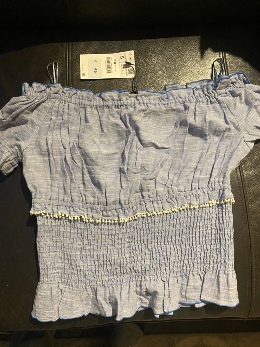 Zara Light Blue Off-Shoulder Smocked Crop Top with Pom Trim
